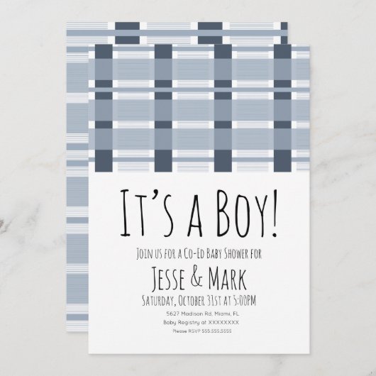 Blauw geplakt Baby shower Pattern Het is een jonge Kaart (Voorkant / Achterkant)