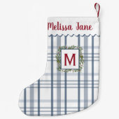 Blauw geplakt groenblijvende krans monogram kleine kerstsok (Achterkant)