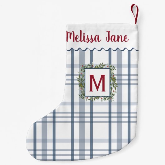 Blauw geplakt groenblijvende krans monogram kleine kerstsok (Achterkant)