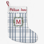 Blauw geplakt groenblijvende krans monogram kleine kerstsok (Voorkant)