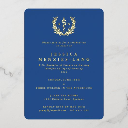 Blauw geregistreerde zuster Asclepius+Laurel Wreat Folie Uitnodiging (Voorkant)