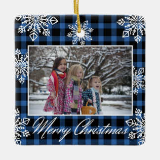 Blauw geruit 2 Familie Foto Sneeuwvlokken Kerst Keramisch Ornament
