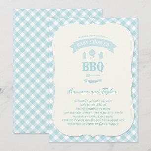 Blauw geruit achtertuin BBQ jongens baby shower Kaart