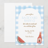 Blauw geruit Baby-Q babyshower uitnodiging (Voorkant / Achterkant)