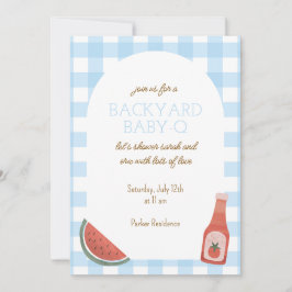 Blauw geruit Baby-Q babyshower uitnodiging