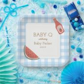 Blauw geruit baby-Q vierkant bord (Feest)