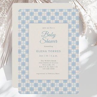 Blauw geruit baby shower uitnodiging met preppy st