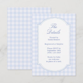Blauw geruit babyfeest details informatiekaartje