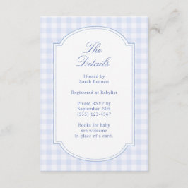 Blauw geruit babyfeest details informatiekaartje