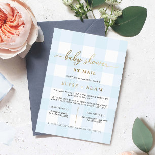 Blauw geruit babyfeest per post folie uitnodiging