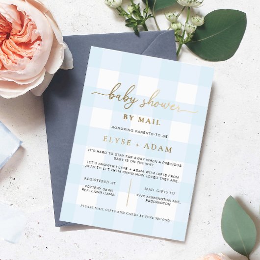 Blauw geruit babyfeest per post folie uitnodiging