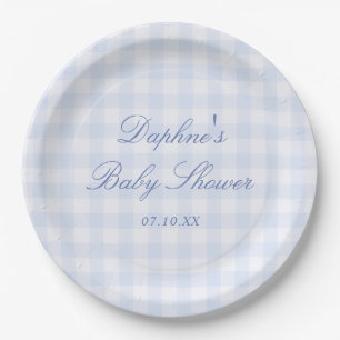 Blauw geruit babyfeestje papieren bordje