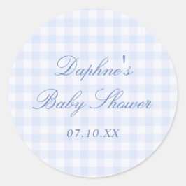 Blauw geruit babyfeestje ronde sticker