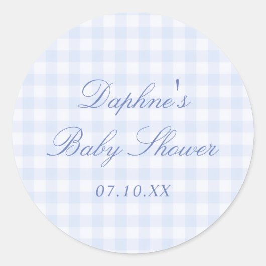Blauw geruit babyfeestje ronde sticker (Voorkant)