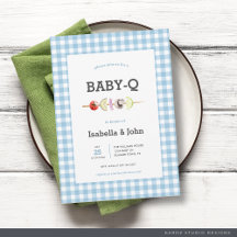 Blauw geruit BabyQ koppel baby shower uitnodiging
