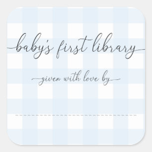 Blauw geruit baby's eerste bibliotheekboekplaat vierkante sticker