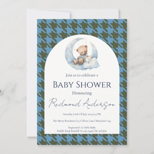Blauw geruit babyshower uitnodiging (Voorkant)