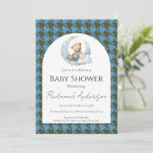 Blauw geruit babyshower uitnodiging (Staand voorkant)