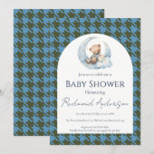 Blauw geruit babyshower uitnodiging (Voorkant / Achterkant)