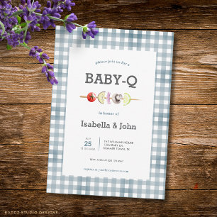 Blauw geruit barbecue baby shower uitnodiging