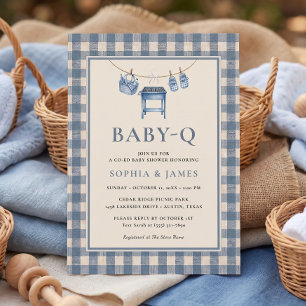 Blauw geruit BBQ-grill waslijn babyborrel Kaart