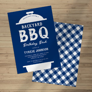 Blauw geruit BBQ-verjaardagsfeest uitnodiging