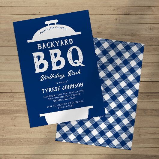 Blauw geruit BBQ-verjaardagsfeest uitnodiging