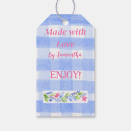 Blauw geruit bloemen GEMAAKT MET LIEFDE lg Cadeaulabel