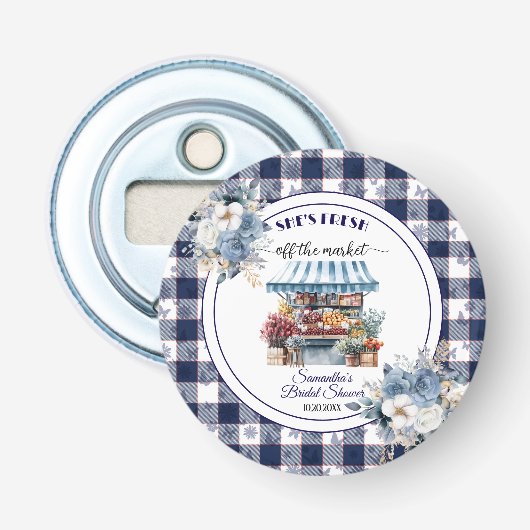 Blauw geruit bloemig bruidsfeest cadeautje button flesopener (Voorkant)