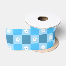 Blauw geruit bloemmotief satijnen lint