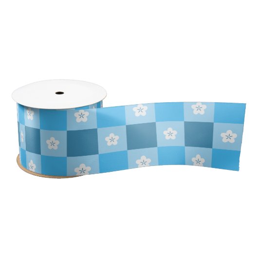 Blauw geruit bloemmotief satijnen lint (Spoel)