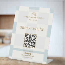 Blauw geruit croissant QR-bakkerijdisplay Reclamebord Met Voetstuk