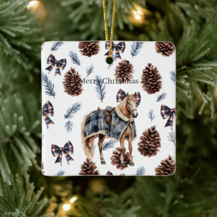 Blauw geruit dennenappels linten paard Kerstmis Keramisch Ornament
