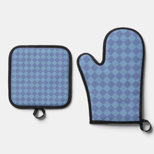 Blauw geruit diamantpatroon ovenwant & pannenlap set (Voorkant)
