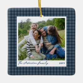 Blauw geruit eenvoudig vakantie ruitpatroon foto keramisch ornament