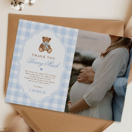 Blauw geruit elegante teddybeer baby shower foto bedankkaart