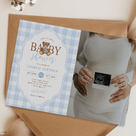 Blauw geruit elegante teddybeer baby shower foto kaart