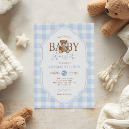 Blauw geruit elegante teddybeer babyfeestje kaart