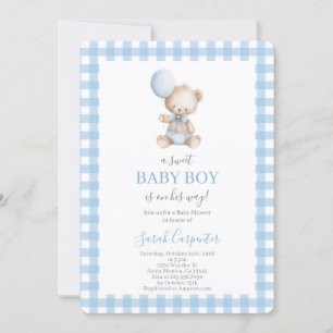 Blauw geruit en Beer Baby Shower Jongen Kaart