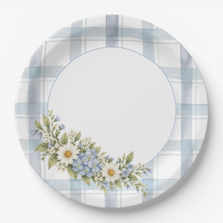 Blauw geruit en bloemen papieren bordje