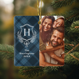 Blauw geruit familiewapen foto Kerstmis Keramisch Ornament