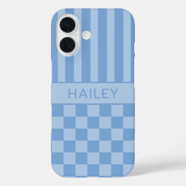 Blauw geruit gestreept gepersonaliseerd iPhone 16 hoesje