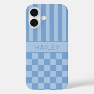 Blauw geruit gestreept gepersonaliseerd iPhone 16 hoesje