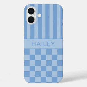 Blauw geruit gestreept gepersonaliseerd iPhone 16 plus hoesje