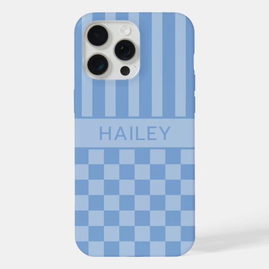 Blauw geruit gestreept gepersonaliseerd iPhone hoesje (Achterkant)