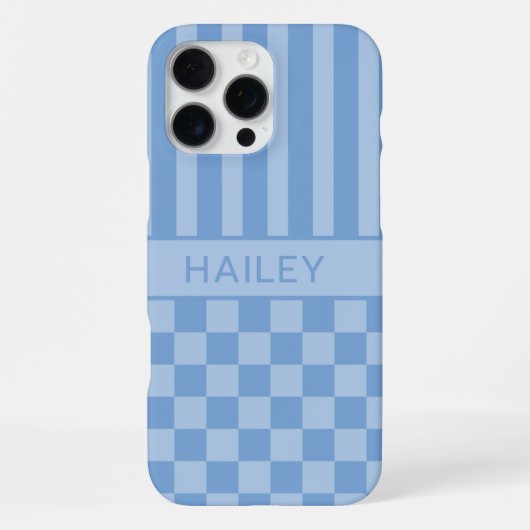 Blauw geruit gestreept gepersonaliseerd iPhone hoesje (Achterkant)