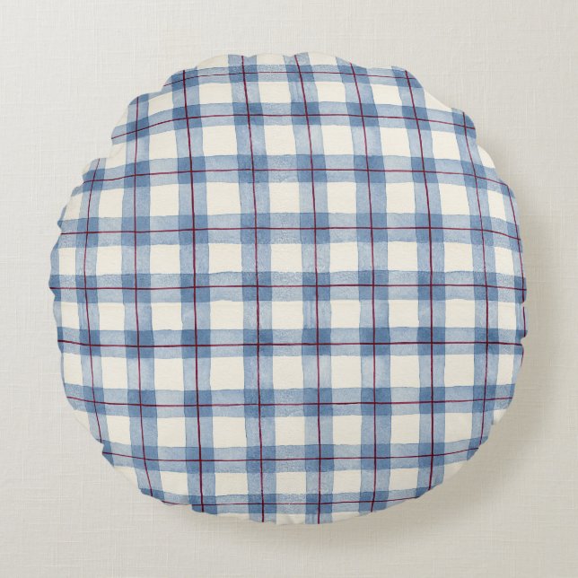 Blauw geruit gestreept   rond kussen (Voorkant)