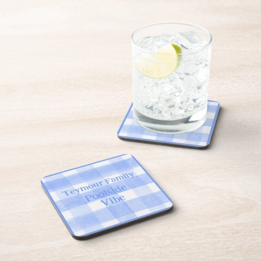 Blauw geruit Gingham POOLSIDE VIBE kurk achterkant Bier Onderzetter (Rechterzijde)