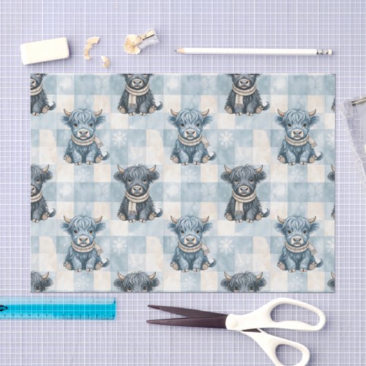 Blauw geruit hooglandrund Schattig Tissuepapier (Craft)