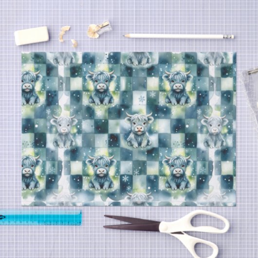 Blauw geruit Hooglandrund Sneeuw Winter Tissuepapier (Craft)